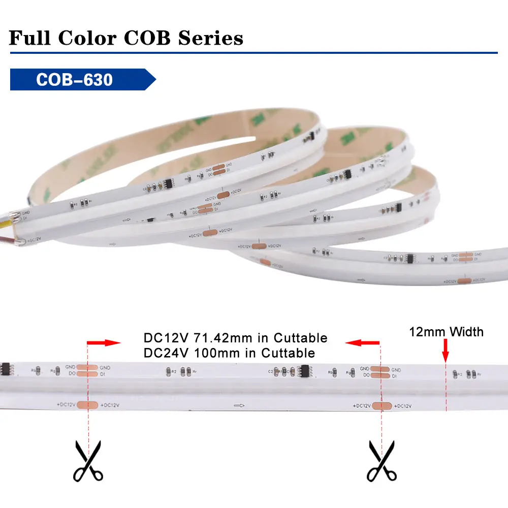 풀 컬러 드림 컬러 RGBIC COB Led 로프 라이트 630 칩 12mm DC12V 24V 프로그래밍 가능 주소 지정 RGB COB Led 세인트