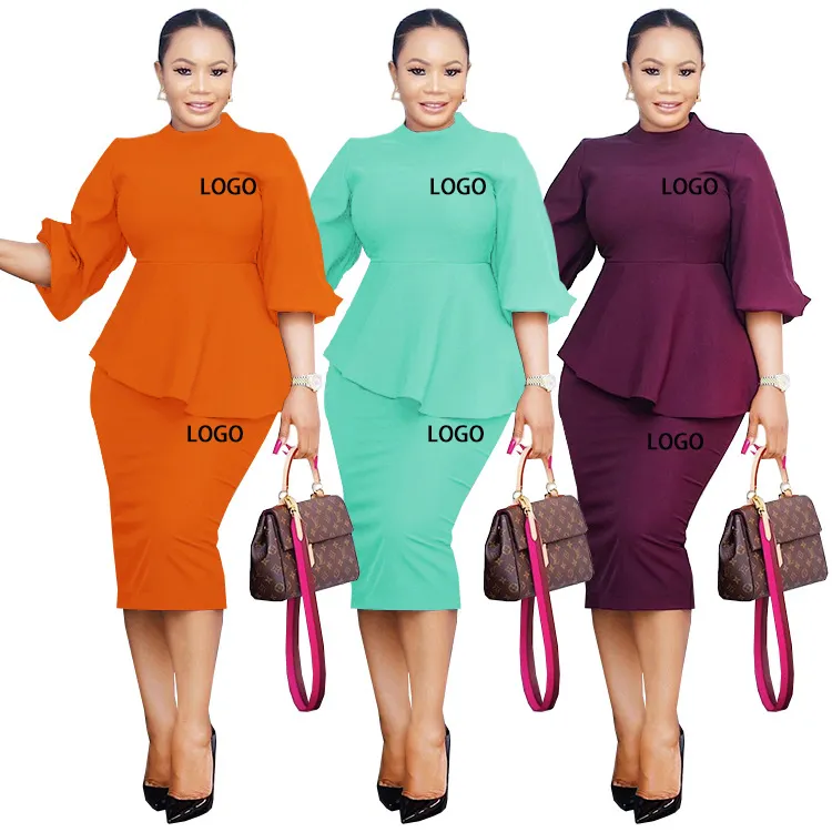 Autumn/winter dresses for women pure color lotus leaf decoration round neck lantern sleeve dress for elegant office lady wear