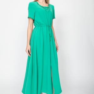 เดรสยาวสไตล์วินเทจสำหรับผู้หญิง ระบายอากาศได้ดี สีพื้น ไซส์ใหญ่ แขนสั้น คอทรงโอ ผ้าฝ้าย 100% ทรงหลวม มีสายผูกเอว เหมาะสำหรับใส่ไปชายหาด - Product Image 1