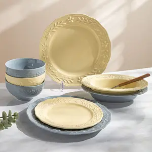 Embossed Ceramic Dinnerware Set Retro Salad Dinner Plate Soup Bowl Oval Fish Plate for Modern Home Decor Restaurant Plates