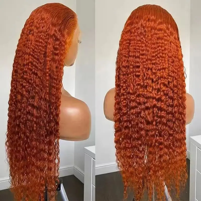 180% Density Water Wave 350 Orange Human Hair Wig Ginger Colored Human Hair Wigs Transparent Frontal Lace For Black Beauty Women