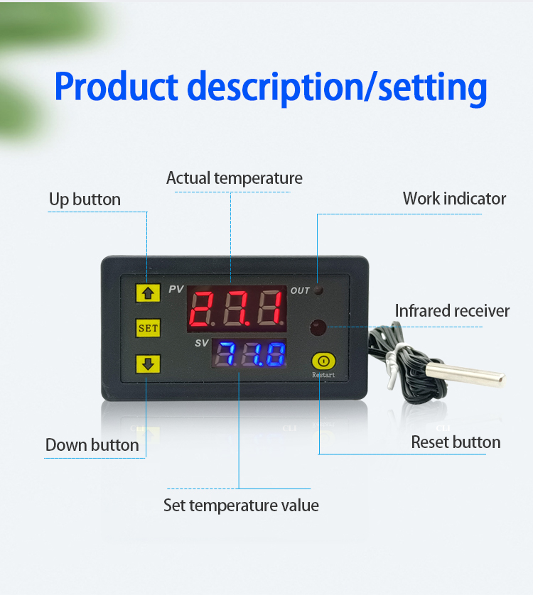DC 12v digital temperature controller with remote control red and blue LED display temperature measurement -55-120 degrees W3230(图5)
