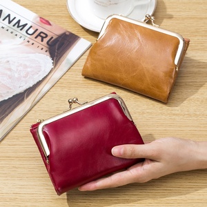 Boshiho Customized Vintage Genuine Leather Bifold Short Wallet Metal Zippers Wallet Genuine Coin <b>Purse</b> for Women - Product Image 6
