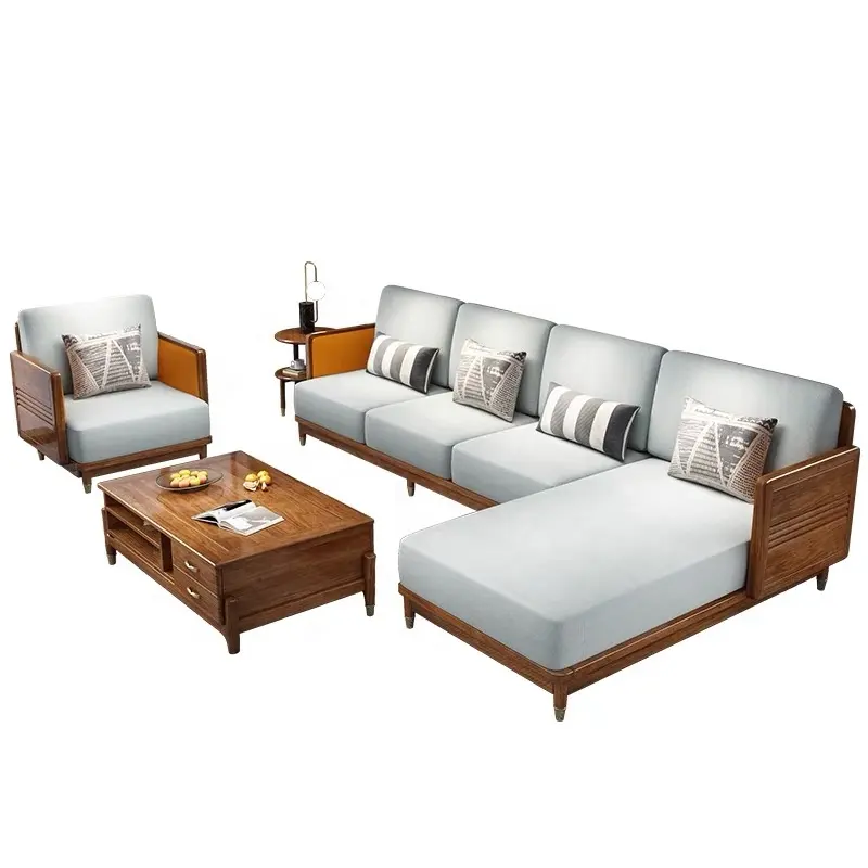 Modern Simple Wood Frame Fabric Sofa Set Living Room Furniture TV lounge beige sofa