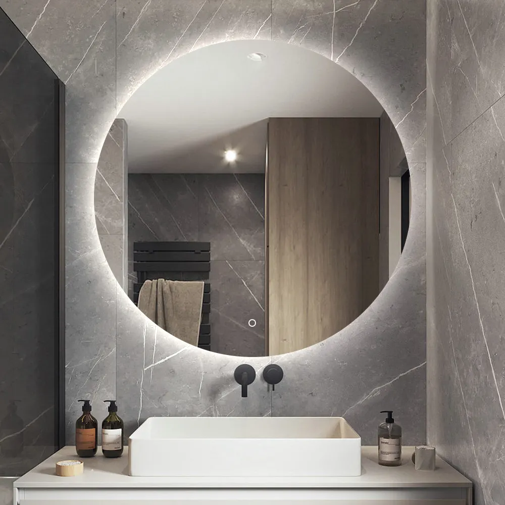 현대 라운드 목욕 거울 벽걸이 형 터치 스크린 Defogger 스마트 욕실 거울 Led 빛