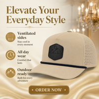 Casquette à cinq panneaux avec visière incurvée, logo personnalisé, en cordon bleu marine perforé découpé au laser, avec patch hexagonal en corde, idéale pour les randonnées en canyons