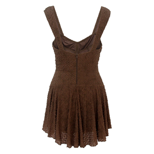 Abito Mini Estivo Elegante da Donna Marrone con Scollo a Cuore - Vestito da Festa con Bustier Testurizzato, Spalline Larghe e Gonna Svasata a Trapezio - Product Image 2