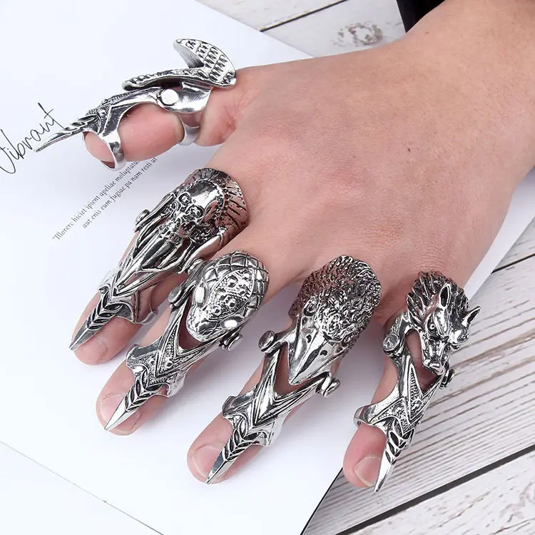 Ancient Silver Alloy Hip Hop Ring Punk Style Long Ring Personalized Rock Skeleton Dragon Snake Eagle Joint Fashion Jewelry Rings