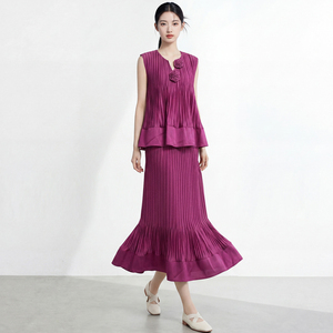 Ensemble jupe et haut plissé sans manches en crêpe pour femme, style coréen, col rond, couleur unie, coupe régulière, décontracté, longueur cheville, printemps-été, minimaliste - Product Image 6