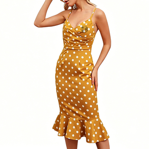 Vestido casual de fiesta y noche para mujer, con estampado de lunares, tirantes finos, cuello en V, fruncido, cintura alta, ajustado, largo hasta la rodilla, estilo sirena, tejido, ODM - Product Image 5