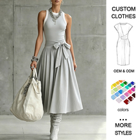 Robe longue vintage sans manches à col rond et laçage, 90% polyamide 10% élasthanne, taille haute, Robe Femme Vestido Largo, Robe d'été