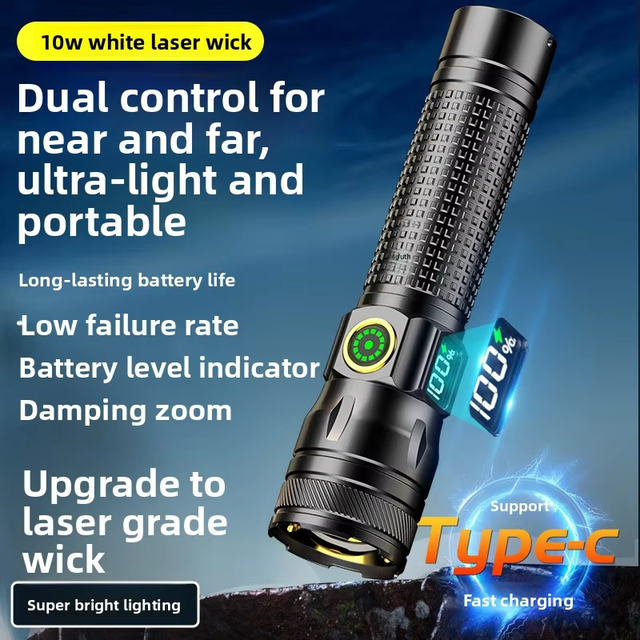 Quad-Core Tactical Flashlight with Devil Eye Glow Focus Adjustable18650 USB-C Light for Outdoor Use