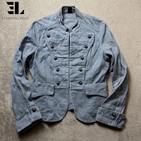 Veste Napoléon en jean vieilli LARSUR, coupe slim, col montant, style motard, avec short en jean, veste hussarde