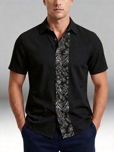 Men's Contrast Panel Short Sleeve Button Up <b>Shirt</b> Casual Business Polo Collar Summer Top - Product Image 1