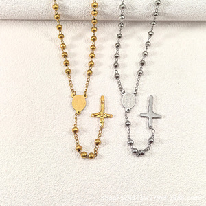 Collar con Colgante de Cruz de Acero de Titanio Dorado al por Mayor, <span class=keywords><strong>Cadena</strong></span> de Cuentas de Acero de Titanio, Joyería de Moda para Clavícula - Product Image 4