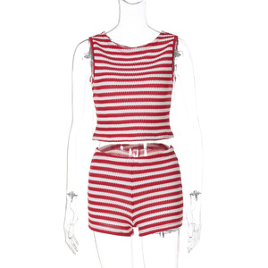 Nouvel été 2 pièces Shorts ensembles tenues décontractées sans manches haut rayé et Shorts femmes vêtements deux pièces ensemble - Product Image 2