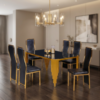 Ensemble de meubles de salle à manger de luxe moderne, 6 chaises, table à manger haut de gamme avec plateau en verre et pieds en métal pour la maison et les restaurants