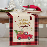 Chemin de table Joyeux Noël motif camion, sapin et cadeaux, noir et rouge tartan, avec sets de napperons pour la décoration de fêtes à la maison