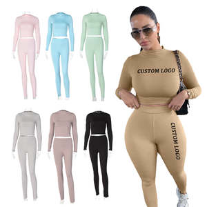 Setelan Olahraga Wanita Kasual Dua Potong Model Skinny Lengan Panjang Motif Print Panjang Se-mata Kaki Bahan Polyester untuk Yoga - Product Image 1