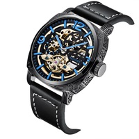 Montre mécanique automatique squelette pour homme, bracelet en cuir marron, étanche, design tendance