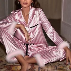 European and American Style Women Striped Pajamas Fashion <strong>Fluffy</strong> <strong>Pyjama</strong> Femme Nighty Soft Skin-friendly Homewear Loungewear <strong>Sets</strong> - Product Image 1