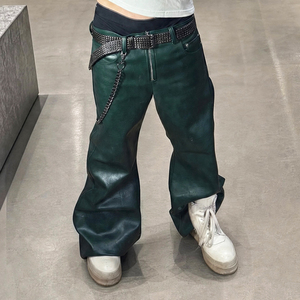 Custom Logo High Waist Fashion Designer High Quality Pu <b>Leather</b> <b>Pants</b> Streetwear Green Stacked Baggy <b>Leather</b> <b>Pants</b> For Unisex - Product Image 1