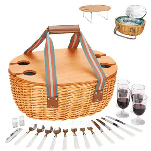 Kit de Picnic para 4 personas, cesta de mimbre Natural de vid de bambú para fiesta al aire libre, mesa de vino de bambú plegable, juegos de cesta de Picnic
