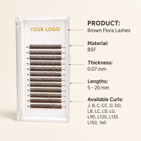 Extensions de cils en grappe 5D Flora Brown, 100% faites à la main, matériau BSF, naturelles et douces, 12mm, option logo personnalisé, 100/paquet, vente en gros