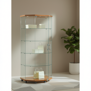 Vitrina moderna de vidrio de 185 cm de altura con tapa y base de madera, 4 estantes y puerta con cerradura para exhibición en la sala de estar - Product Image 3