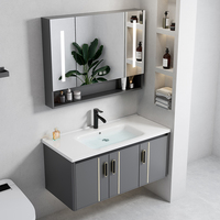 Meuble de salle de bain intelligent moderne en alliage d'aluminium laqué avec lavabo mural intégré en céramique carré pour appartement hôtelier