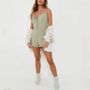 Summer soft fabric girls sexy sleepwear women one piece romper sleeveless button up frill short pyjama playsuit