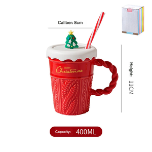 Mug en céramique de Noël 400 ml avec paille, couvercle décoré du Père Noël, motif en relief, tasse à boire pour la maison, vente en gros - Product Image 5