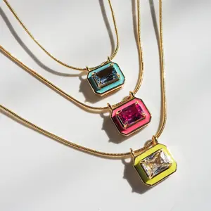 18k gold plated titanium steel square pendant Inlaid with red white green zircon pendant round snake chain short necklace