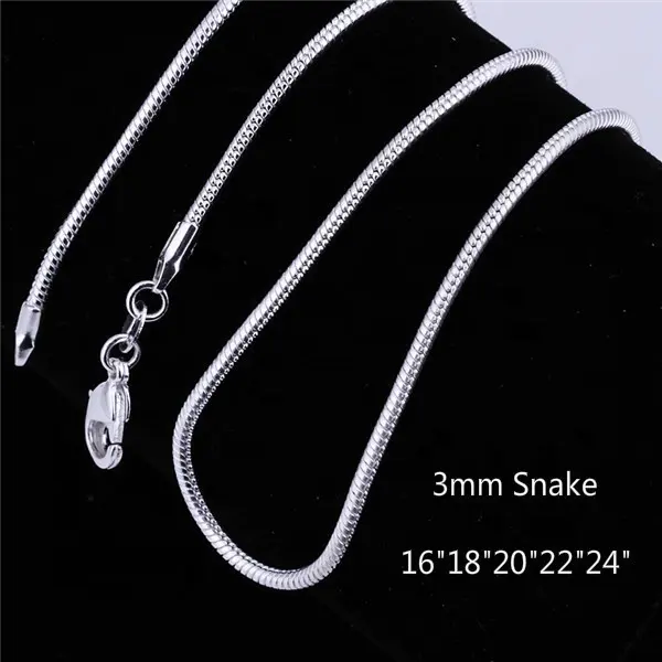 Classic 925 Sterling Silver 3mm Snake bone chain Necklace and Bracelet DIY Charms Jewelry