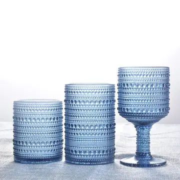 Stock Mechanism Retro Wine Water Whiskey Glasses Cup Embossed Blue Drink Glass Goblet