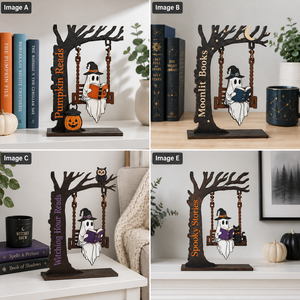 Fall Halloween Tabletop Wood Ornaments Ghost Swing Tree <b>Pumpkin</b> Owl Black Cat Spooky Indoor Party Mantel Shelf Decorations - Product Image 6