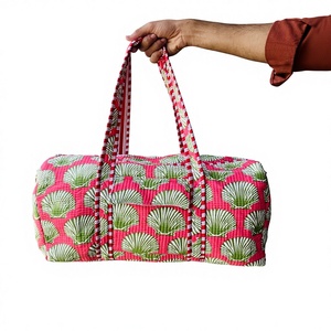 Women's Large Vintage Quilted Duffle Shoulder Bag Zipper Closure Eco-Friendly Sustainable Cotton Handprint Floral <b>Design</b> - Product Image 1
