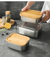 Boîte à lunch en acier inoxydable, chauffable, étanche, avec couvercle en bois, sangle en tissu, 3 compartiments, bento pour le travail/l'école/les voyages/la cuisine