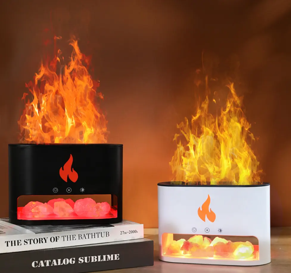 Mới nhất 3D lửa không khí tạo độ ẩm diffuseur USB 250ml tinh thể muối đá tinh dầu hương thơm ngọn lửa khuếch tán với đèn đầy màu sắc