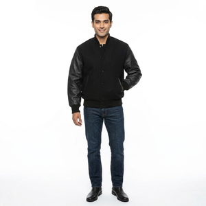 Wholesale FINER THREADS Men's Winter Varsity Jacket Polyester/Cotton Blend Stand Collar <b>Covered</b> <b>Button</b> Closure Customized Fabric - Product Image 1