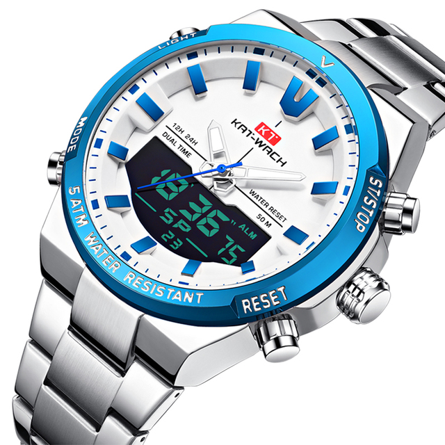 KAT-WACH 1962 Wholesale Silver Mens Digital Watch Original Stainless Steel Band Luminous Double Display  Outdoor Watch Design