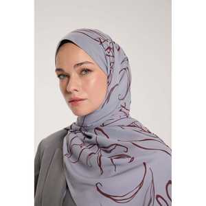 ผ้าพันคอชีฟองลายใบไม้สีเงินเบอร์กันดี พิมพ์ลายดิจิตอลอเนกประสงค์ - Product Image 1