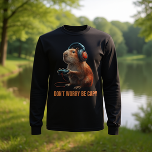 Camiseta de manga larga Capybara Don't Worry Be Capy, cuello redondo unisex, impresión digital, deportes y juegos para adultos - Product Image 3