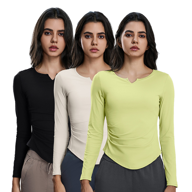 D25175 V Neck Long Sleeve Sports Top Slim Elastic Tight Yoga Tops with Paddings Gym Fitness Workout T-shirt for Women