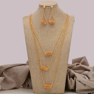 Jewelry Set For Women With Earrings Gold Color Pendant Trendy Hollow Out Spring Round Chunky Gold Color Zinc Alloy Flower 50+5CM