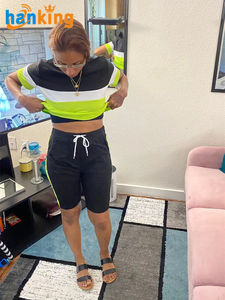 Ehanking T-shirts d'été à manches courtes décontractés avec bloc de couleurs pour femmes, haut et short à cordon de serrage, ensembles de deux pièces, ensembles grande taille - Product Image 6