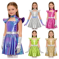 Robe métallique à volants pour filles de 6 à 16 ans, tenue de cosplay d'alien avec 1 paire de gants, costume de robot pour la danse jazz et les spectacles