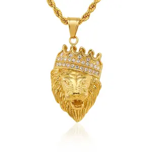 Cool Hip Hop Jewelry Gold Plated Micro Pave Zircon Crown Animal Jewelry Lion Head Pendant Necklace