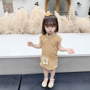 Vestido Cheongsam de Verano con Mangas Cortas y Estampado a Cuadros Estilo Han Chino para Niñas - Product Image 2