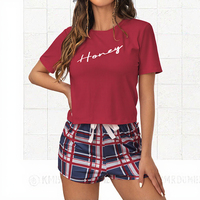 Conjunto de ropa de dormir de cuello de punto de manga corta de estilo coreano de dos piezas de verano para mujer cómodo transpirable cintura elástica suave